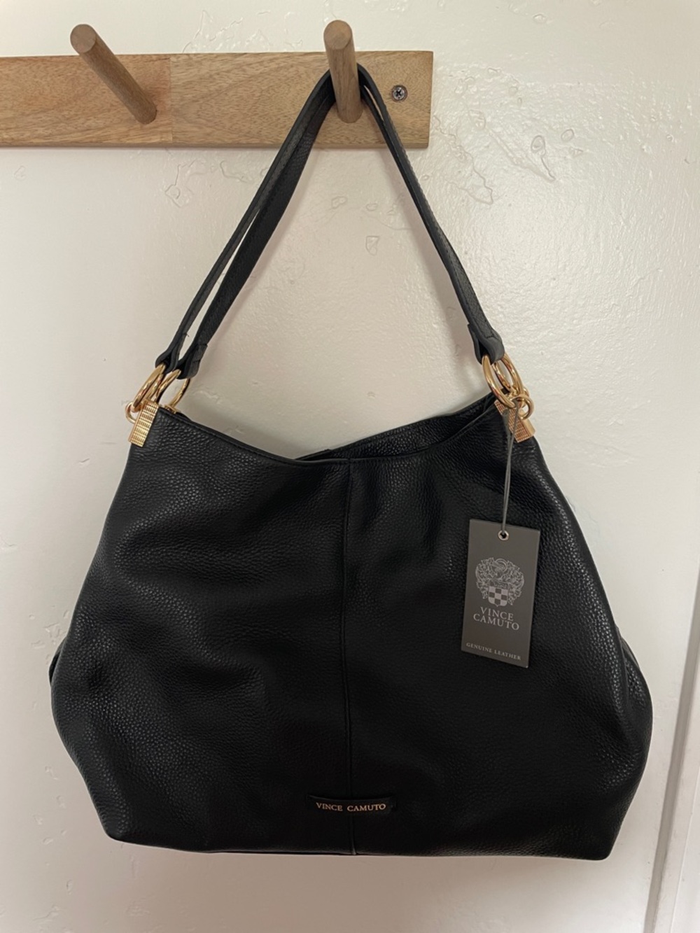 Vince Camuto Rayna Black Pebbled Leather Shoulder Hobo with Gold Hardware